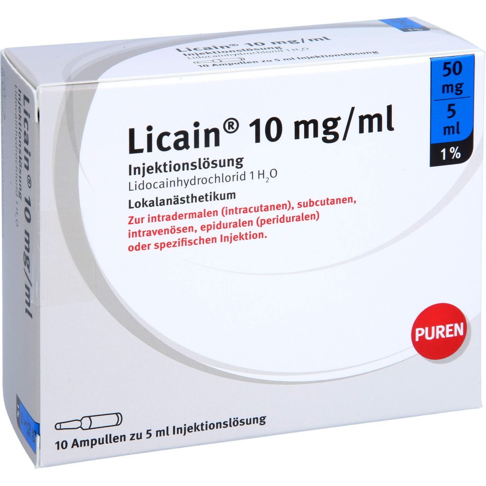 Das Produktfoto zeigt Licain 1% 10 Mg/Ml Inj.Lsg.50mg/5ml Glasamp. (10X5 ml) PZN 11355918