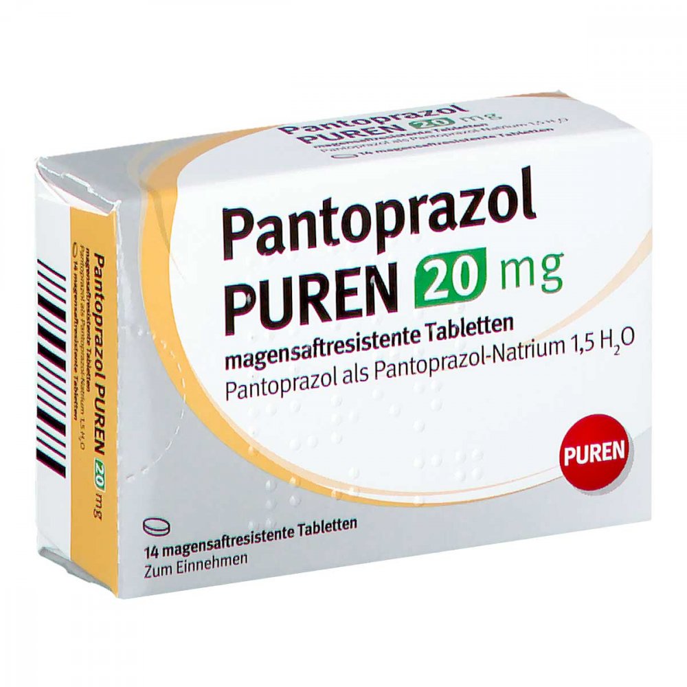 Das Produktfoto zeigt Pantoprazol Puren 20 Mg Magensaftres.Tabletten (14 stk) PZN 11357076