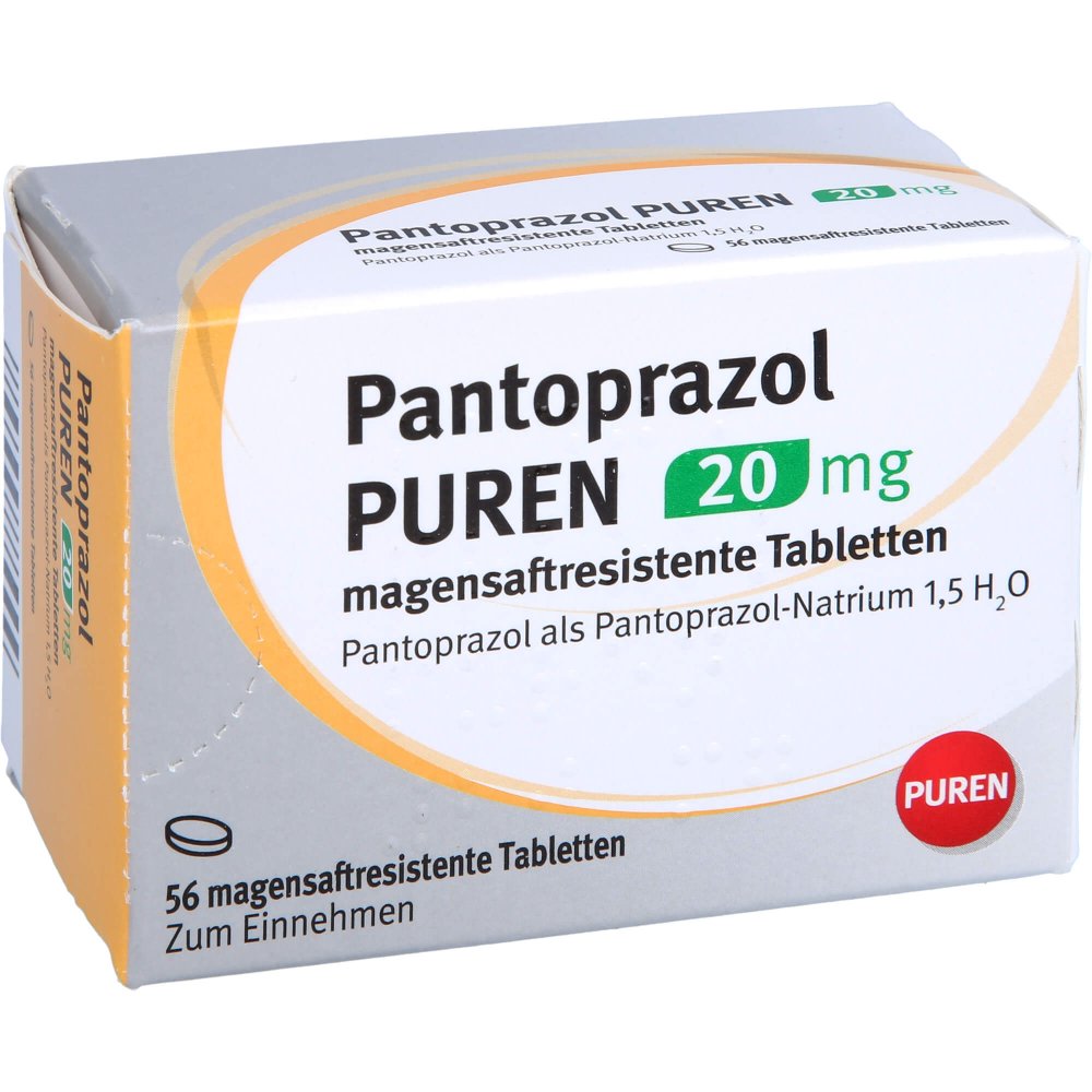 Das Produktfoto zeigt Pantoprazol Puren 20 Mg Magensaftres.Tabletten (56 stk) PZN 11357136