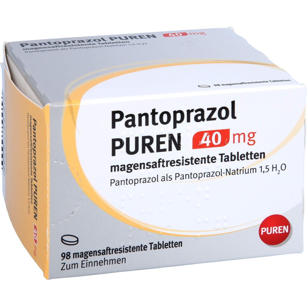Das Produktfoto zeigt Pantoprazol Puren 40 Mg Magensaftres.Tabletten (98 stk) PZN 11357283
