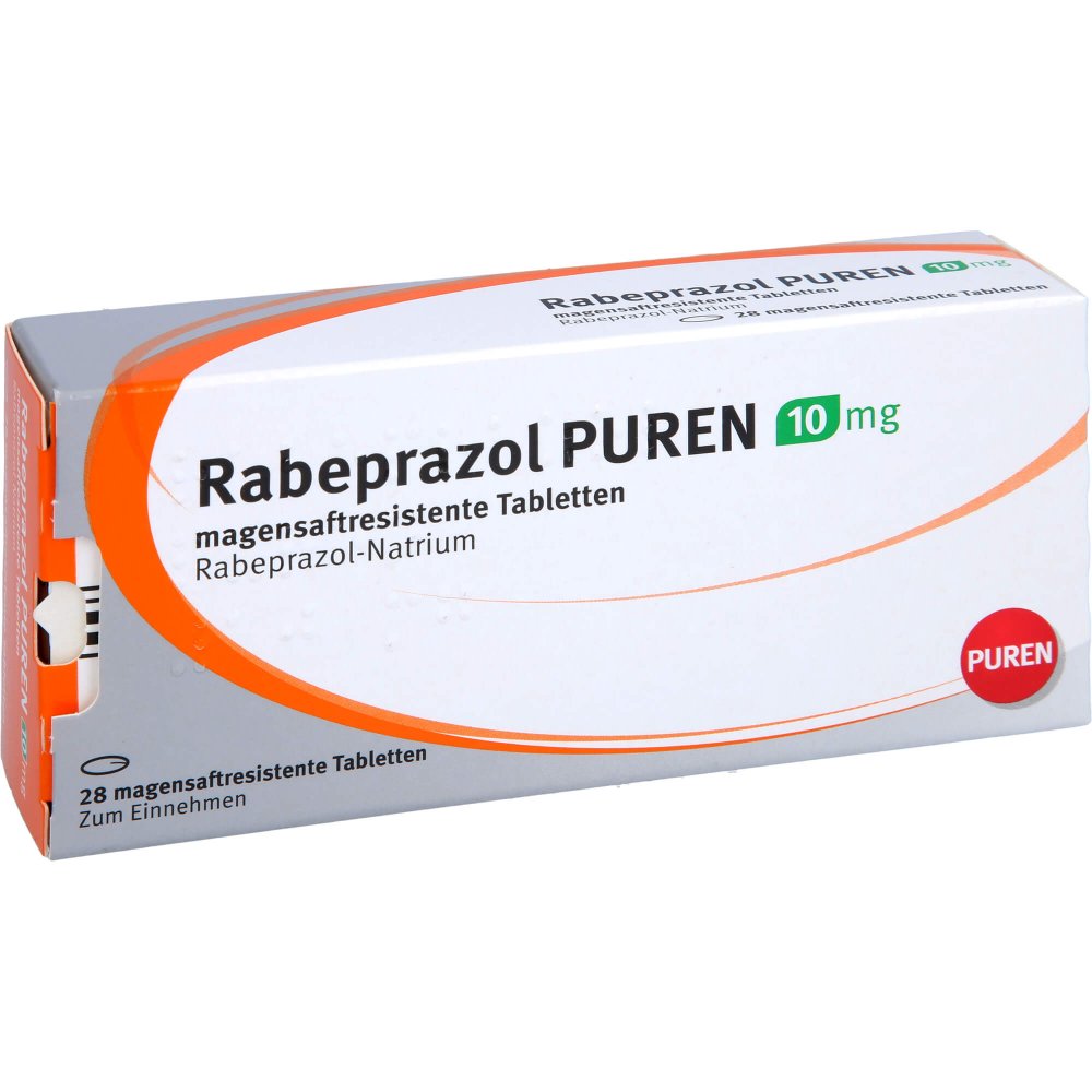 Das Produktfoto zeigt Rabeprazol Puren 10 Mg Magensaftres.Tabletten (28 stk) PZN 11357805
