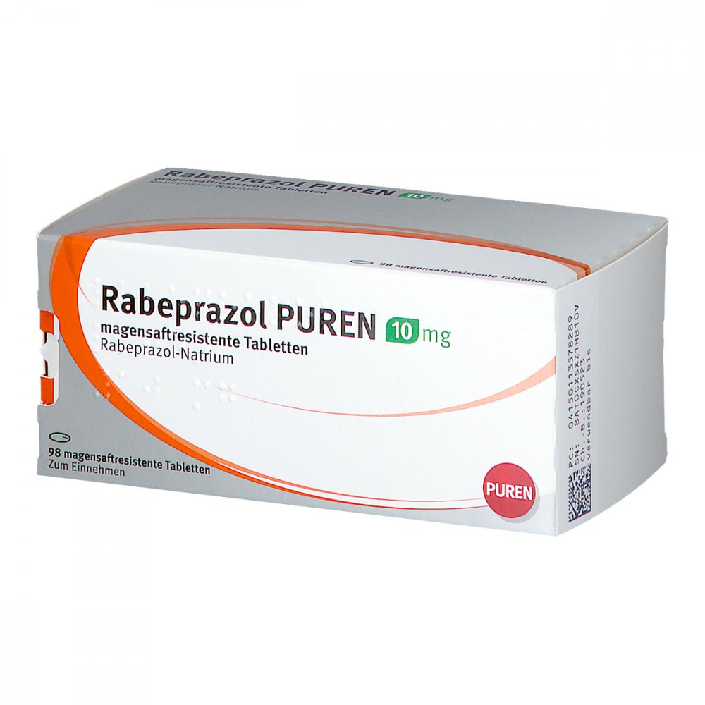 Das Produktfoto zeigt Rabeprazol Puren 10 Mg Magensaftres.Tabletten (98 stk) PZN 11357828