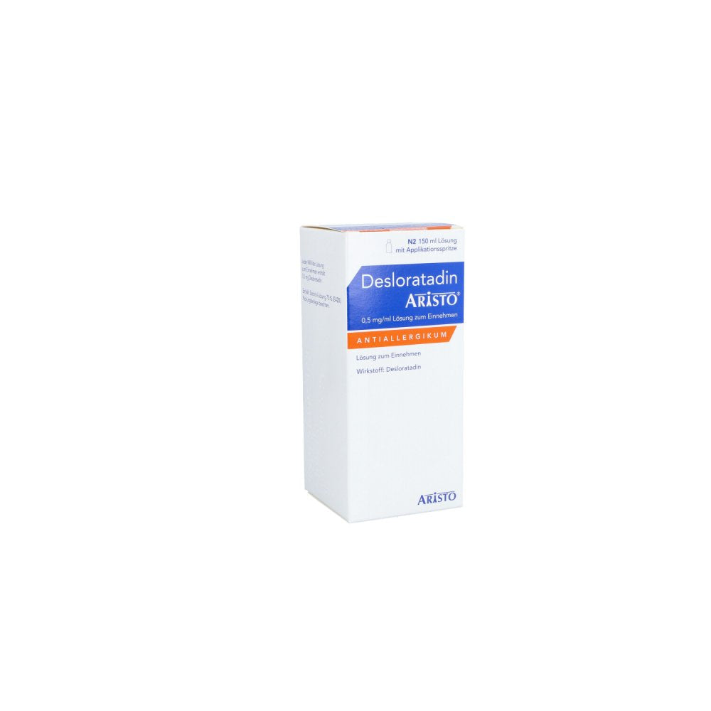 Das Produktfoto zeigt Desloratadin Aristo 0,5 Mg/Ml Lösung Zum Einn. (150 ml) PZN 11483875
