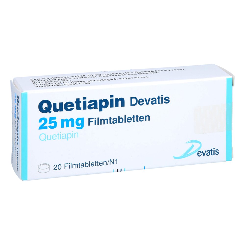 Das Produktfoto zeigt Quetiapin Devatis 25 Mg Filmtabletten (20 stk) PZN 11483993