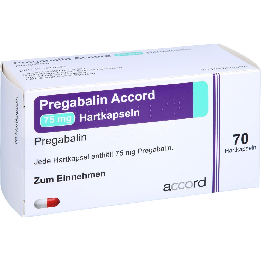 Das Produktfoto zeigt Pregabalin Accord 75 Mg Hartkapseln (70 stk) PZN 11539535