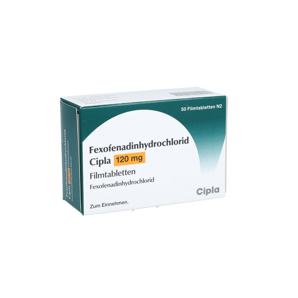 Das Produktfoto zeigt Fexofenadinhydrochlorid Cipla 120 Mg Filmtabletten (50 stk) PZN 11596711