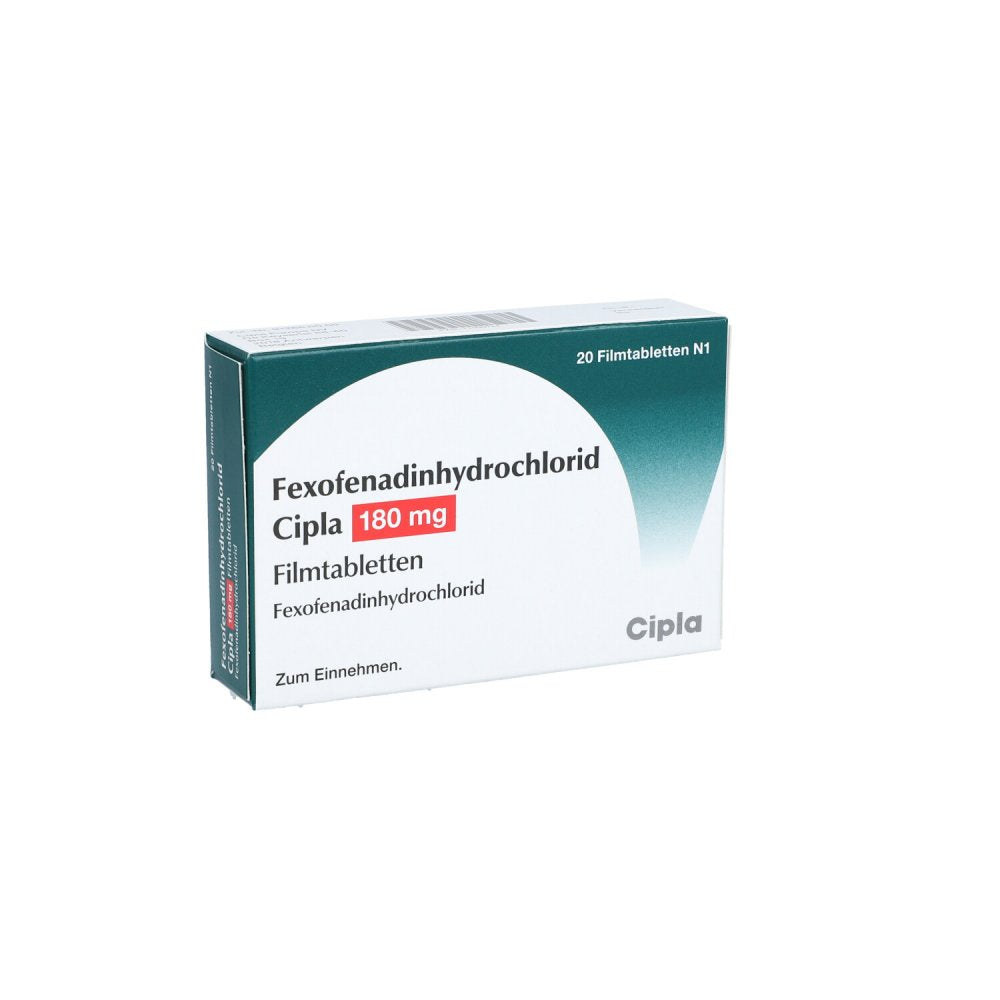 Das Produktfoto zeigt Fexofenadinhydrochlorid Cipla 180 Mg Filmtabletten (20 stk) PZN 11596734