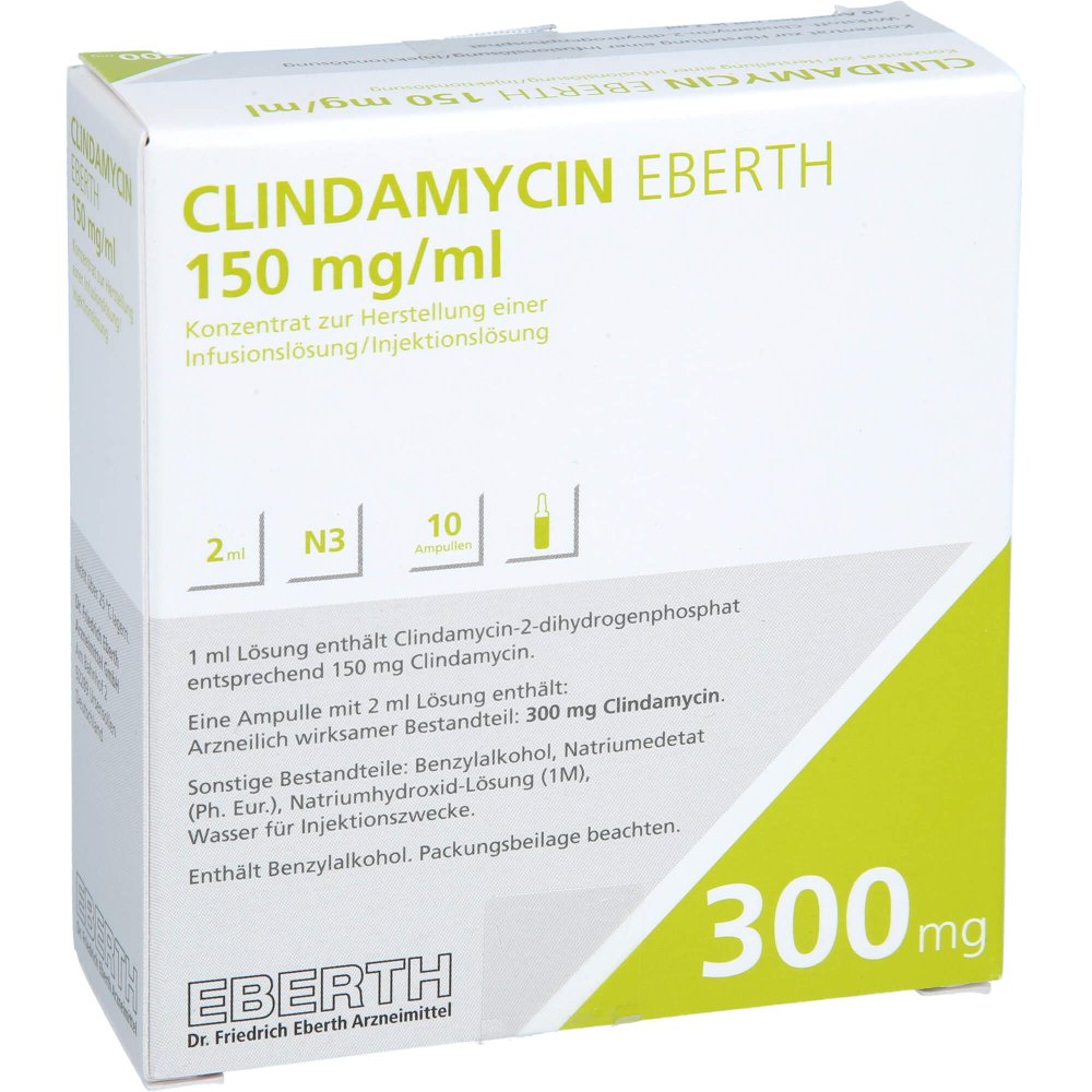 Das Produktfoto zeigt Clindamycin Eberth 150 Mg/Ml 300 Mg K.H.Inj.Inf. (10X2 ml) PZN 11684148
