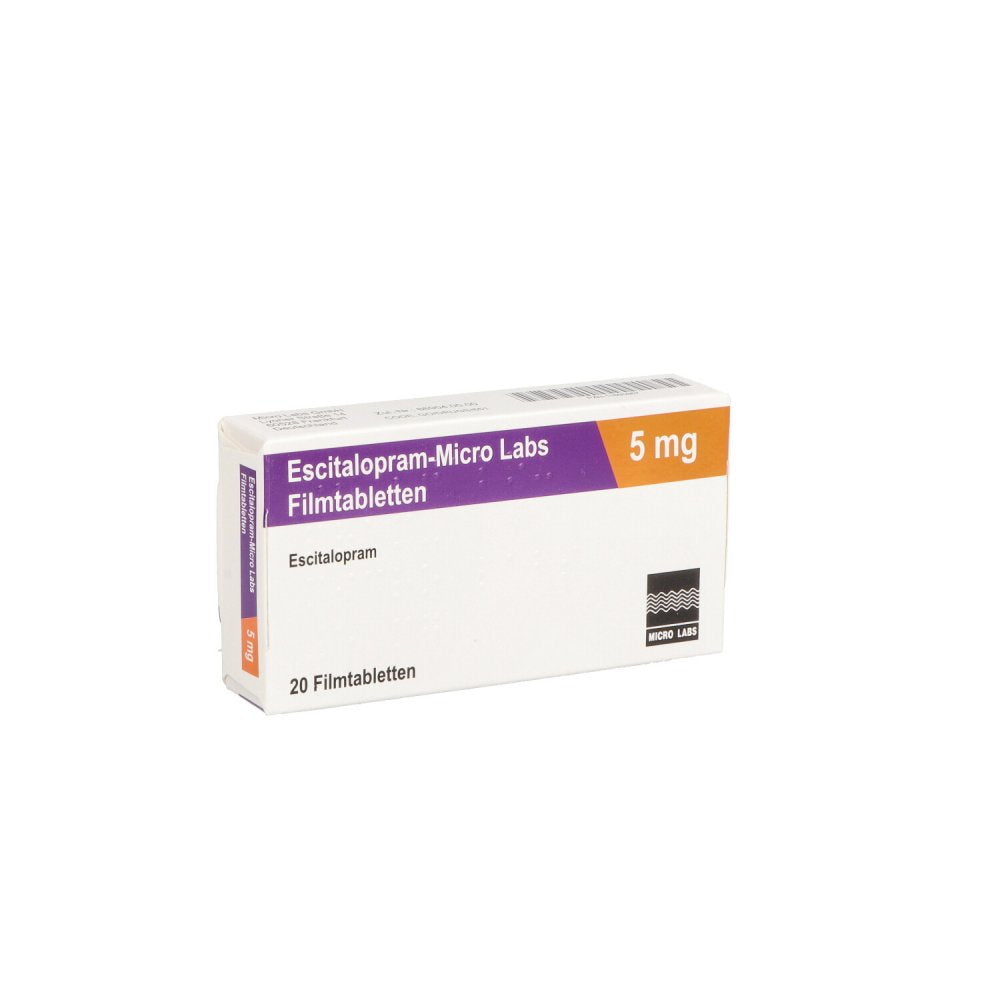Das Produktfoto zeigt Escitalopram Micro Labs 5 Mg Filmtabletten (20 stk) PZN 11695867