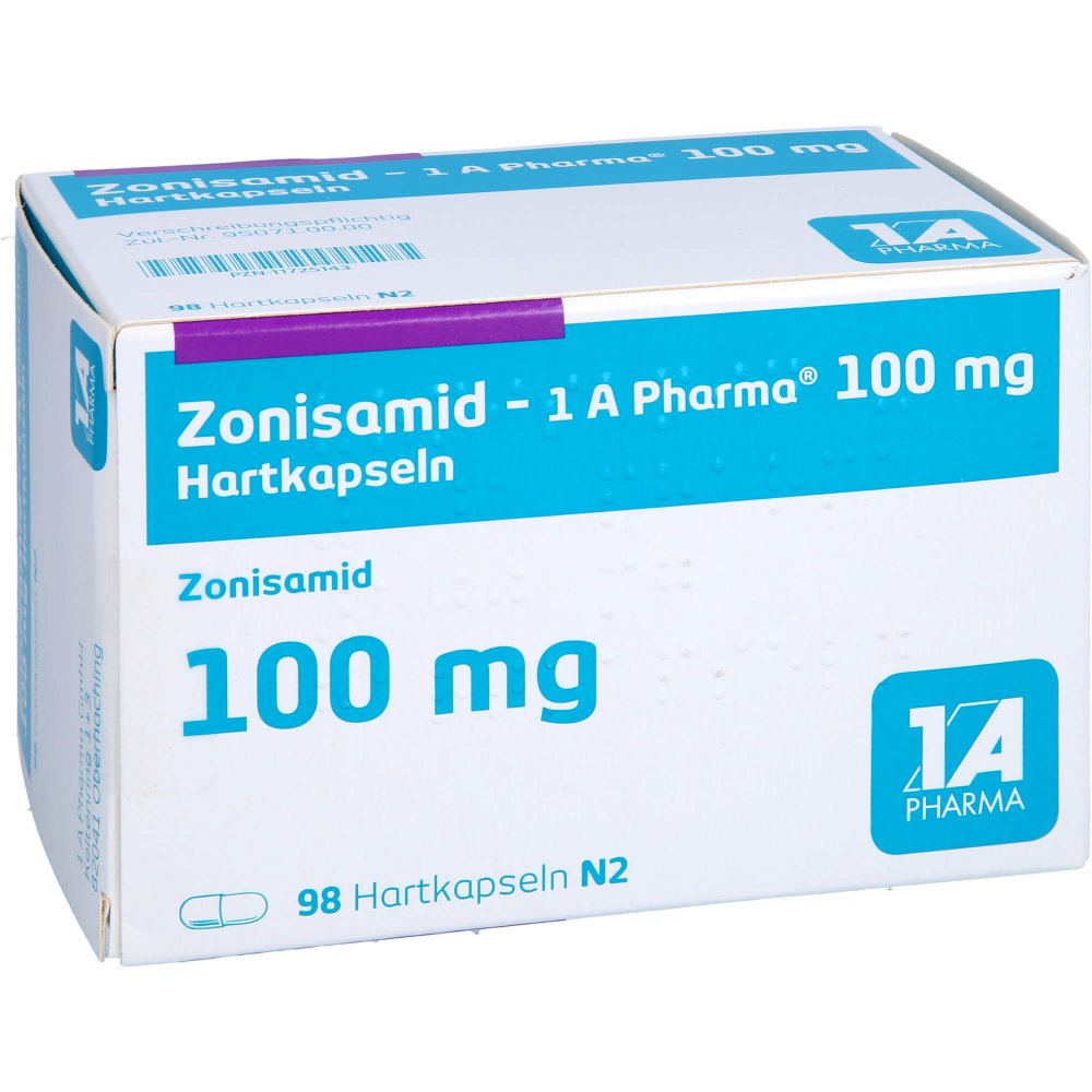 Das Produktfoto zeigt Zonisamid-1a Pharma 100 Mg Hartkapseln (98 stk) PZN 11725143