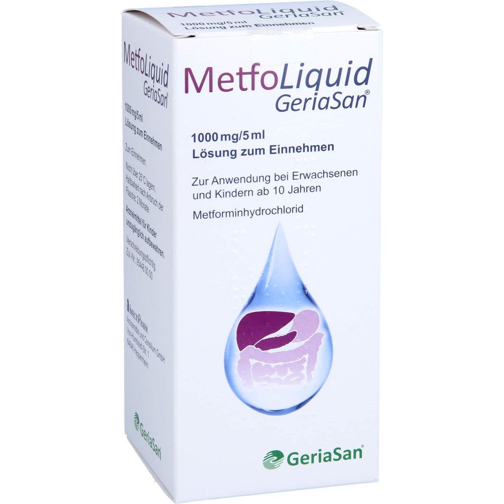 Das Produktfoto zeigt Metfoliquid Geriasan 1000 Mg/5 Ml Lsg.Z.Einnehmen (150 ml) PZN 11852864