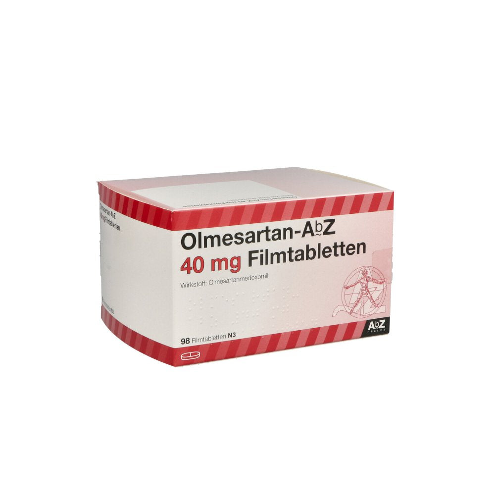 Das Produktfoto zeigt Olmesartan Abz 40 Mg Filmtabletten (98 stk) PZN 11856098