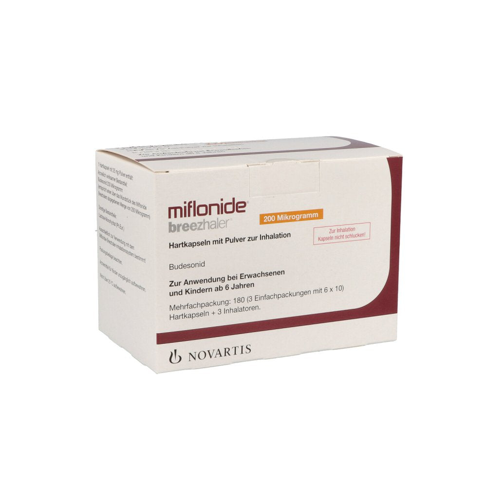 Das Produktfoto zeigt Miflonide Breezhaler 200 Μg Hartkps.M.Plv.Z.Inhal. (3X60 stk) PZN 11862041