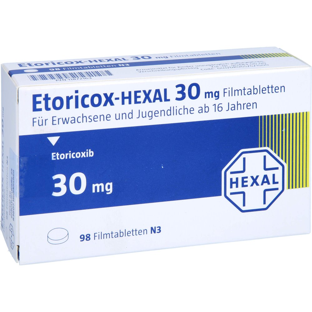 Das Produktfoto zeigt Etoricox-Hexal 30 Mg Filmtabletten (98 stk) PZN 11872163
