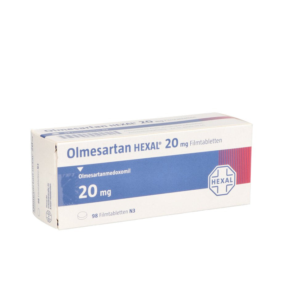Das Produktfoto zeigt Olmesartan Hexal 20 Mg Filmtabletten (98 stk) PZN 11874819