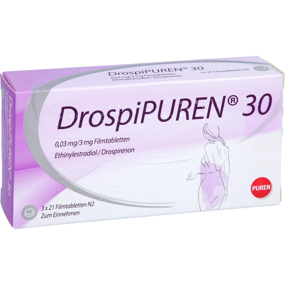 Das Produktfoto zeigt Drospipuren 30 0,03 Mg/3 Mg Filmtabletten (3X21 stk) PZN 12202631