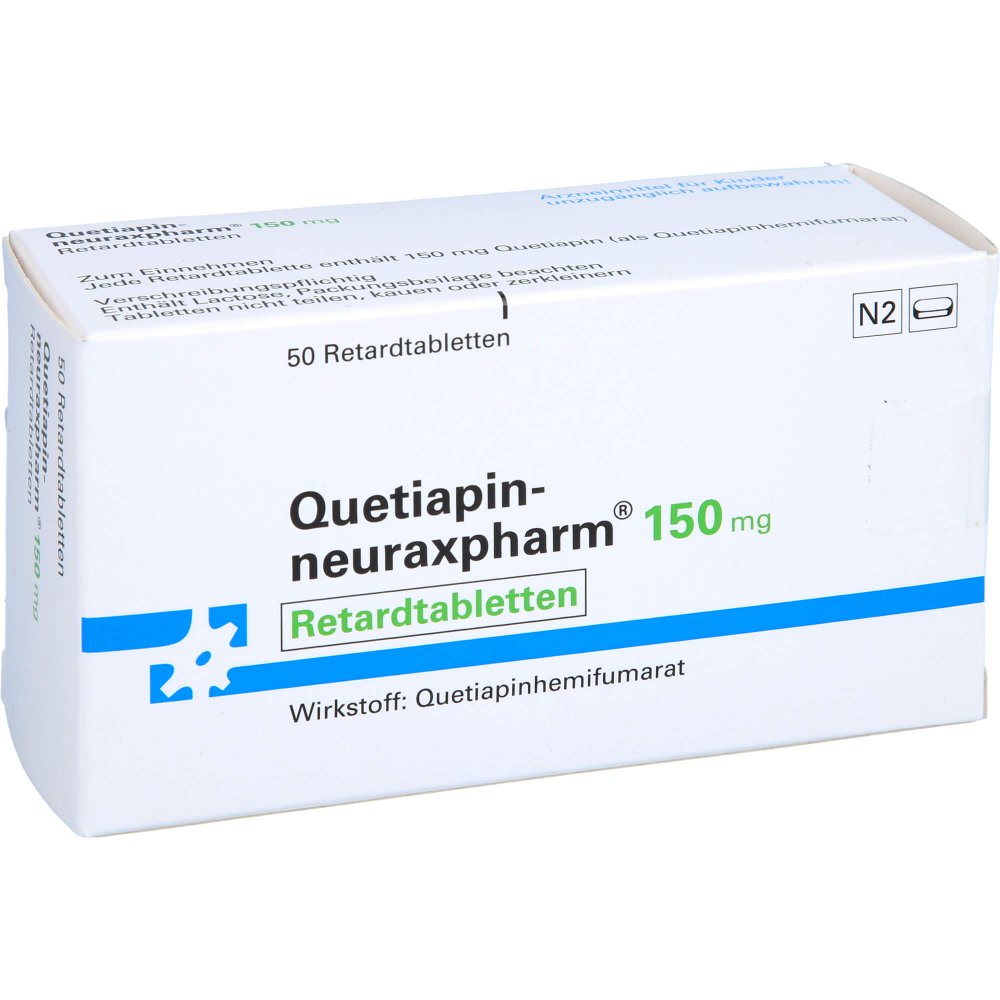 Das Produktfoto zeigt Quetiapin-Neuraxpharm 150 Mg Retardtabletten (50 stk) PZN 12345879