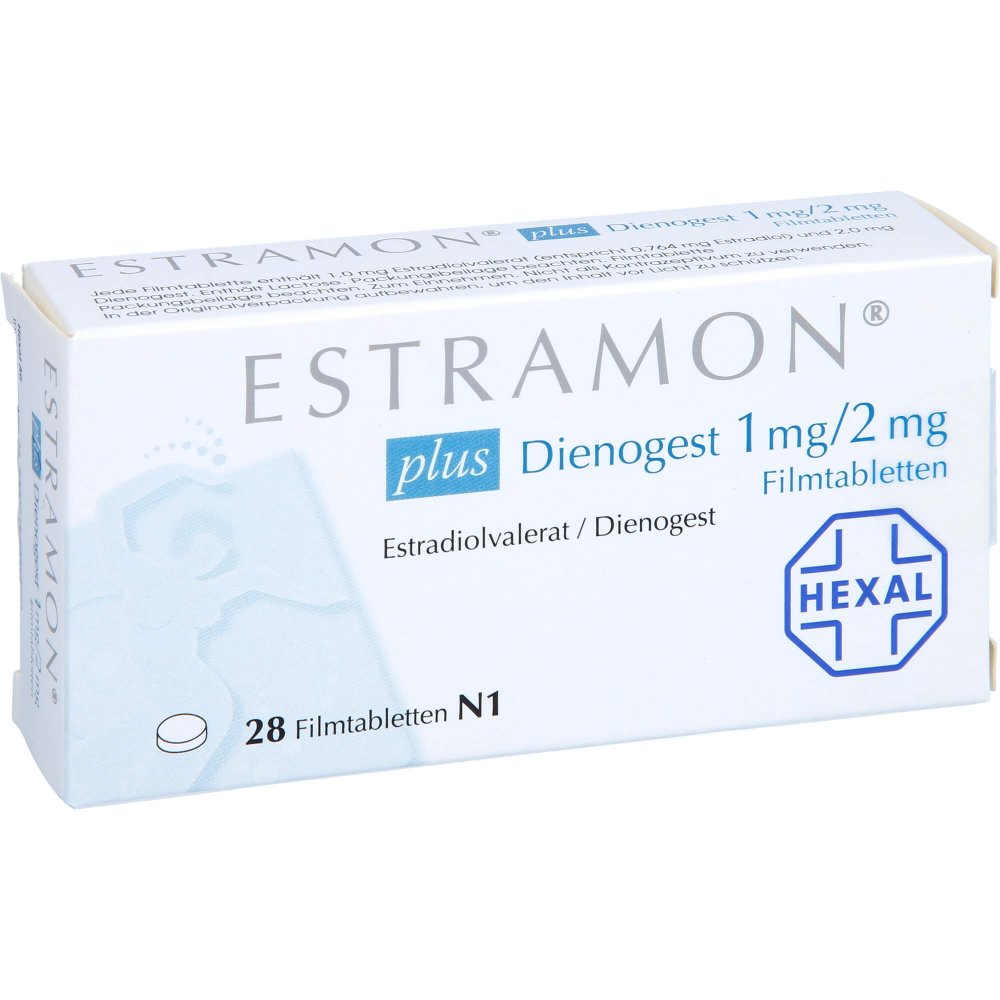 Das Produktfoto zeigt Estramon Plus Dienogest 1 Mg/2 Mg Filmtabletten (28 stk) PZN 12347832
