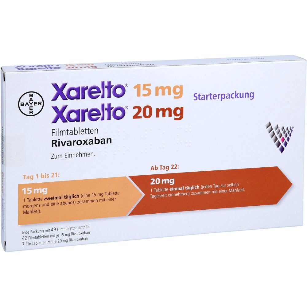 Das Produktfoto zeigt Xarelto 15 Mg + 20 Mg Filmtabletten Starterpackung (1 Pck) PZN 12407801