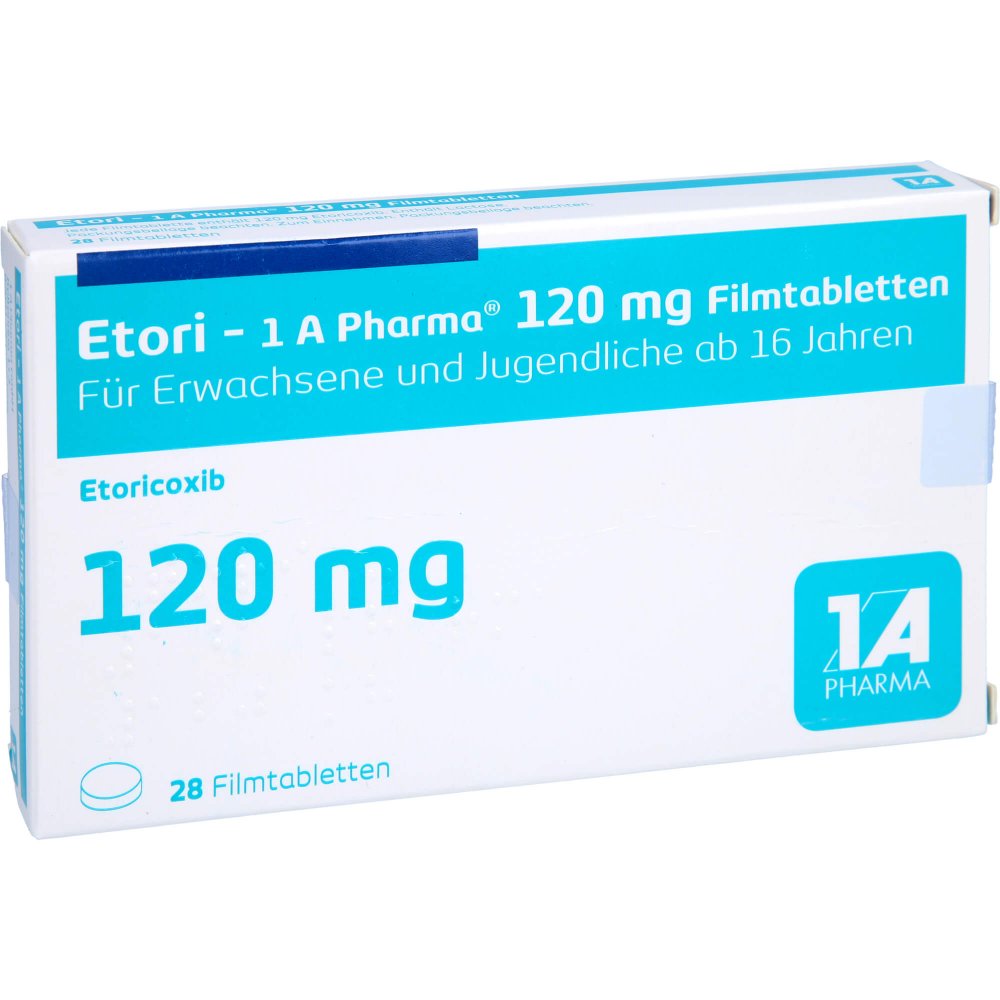 Das Produktfoto zeigt Etori-1a Pharma 120 Mg Filmtabletten (28 stk) PZN 12422309