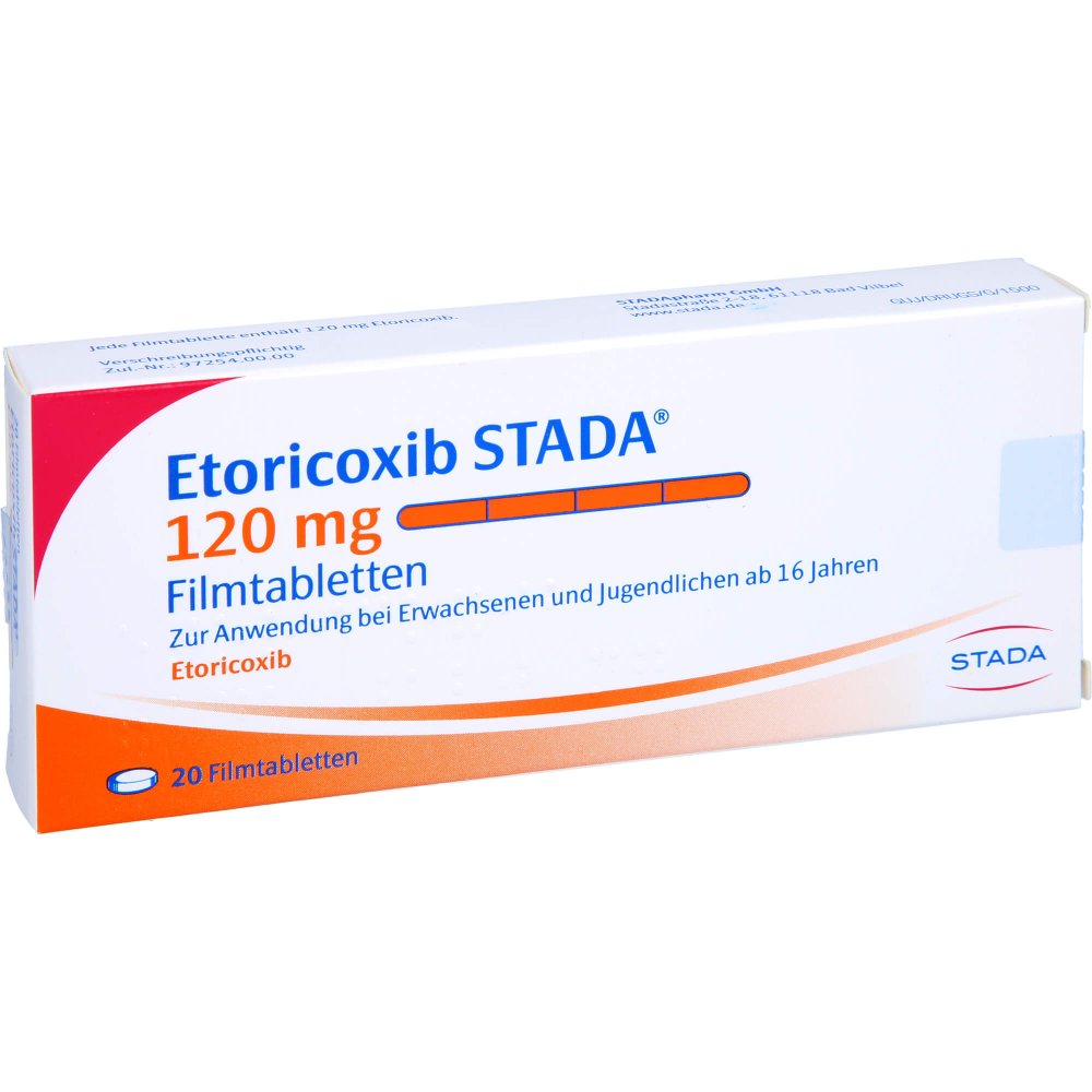 Das Produktfoto zeigt Etoricoxib Stada 120 Mg Filmtabletten (20 stk) PZN 12443211