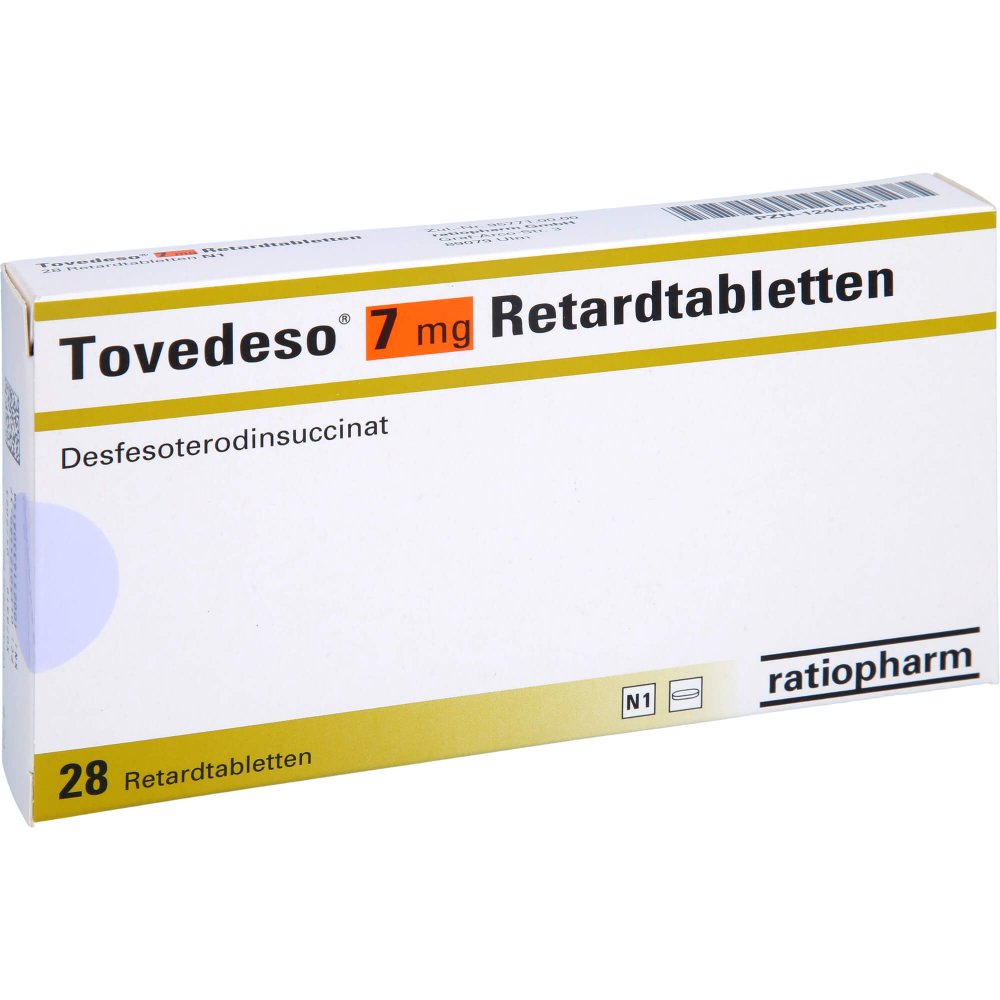 Das Produktfoto zeigt Tovedeso 7 Mg Retardtabletten (28 stk) PZN 12448013