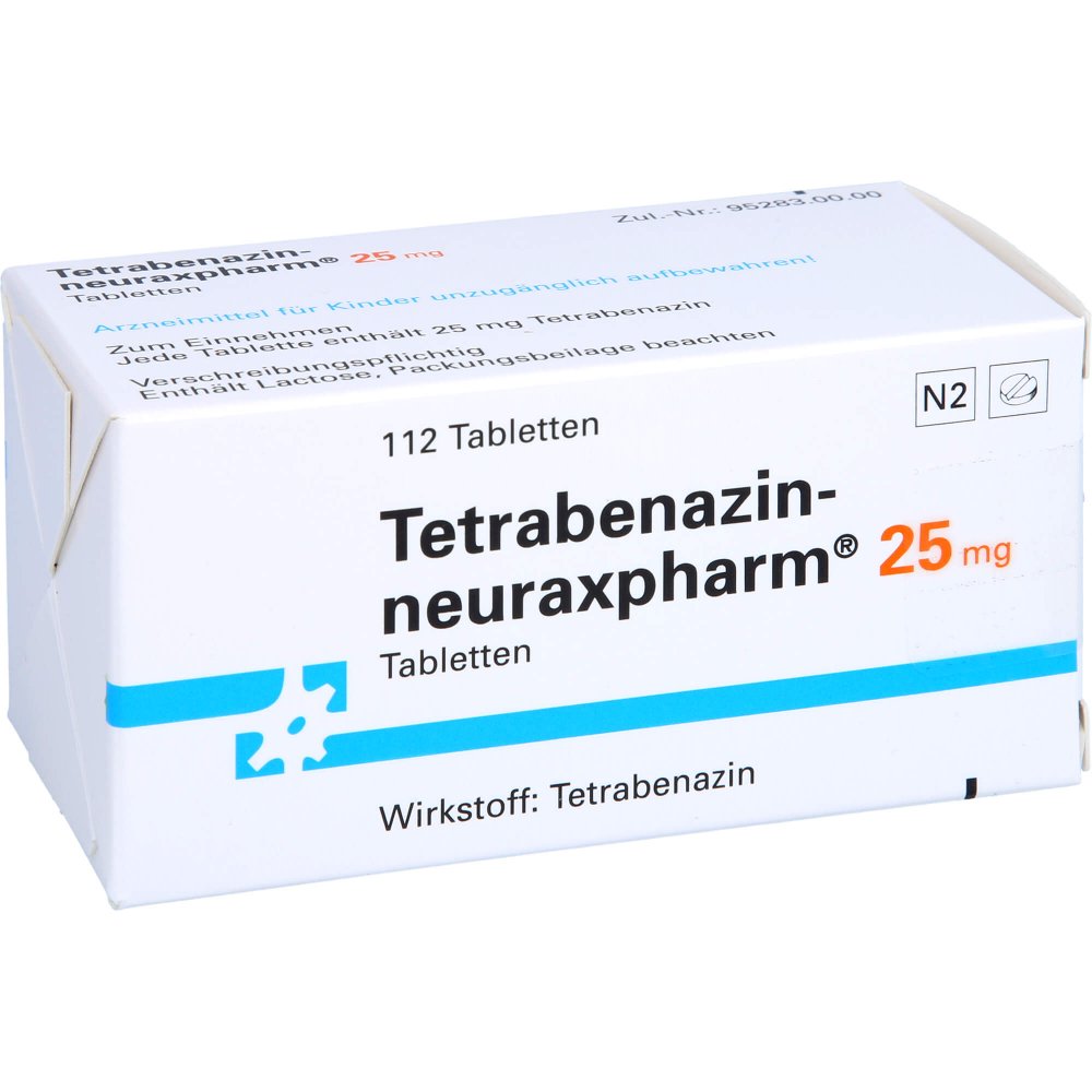 Das Produktfoto zeigt Tetrabenazin-Neuraxpharm 25 Mg Tabletten (112 stk) PZN 12450760