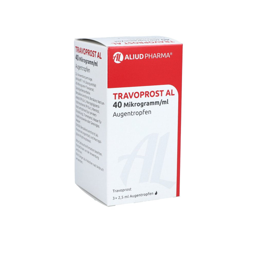 Das Produktfoto zeigt Travoprost Al 40 Mikrogramm/Ml Augentropfen (3X2.5 ml) PZN 12459749