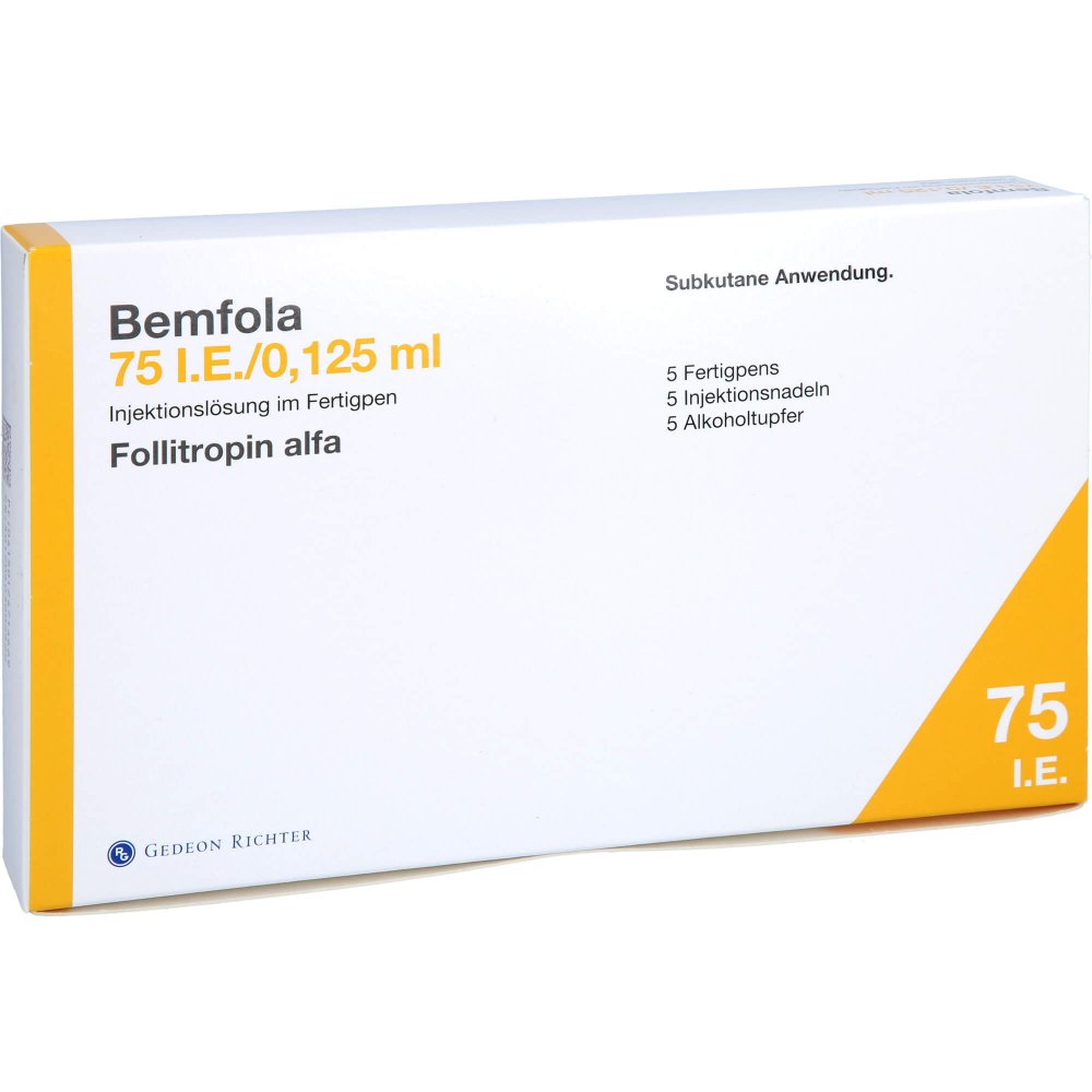 Das Produktfoto zeigt Bemfola 75 I.E./0,125 Ml Inj.-Lsg.I.E.Fertigpen (5 stk) PZN 12471466