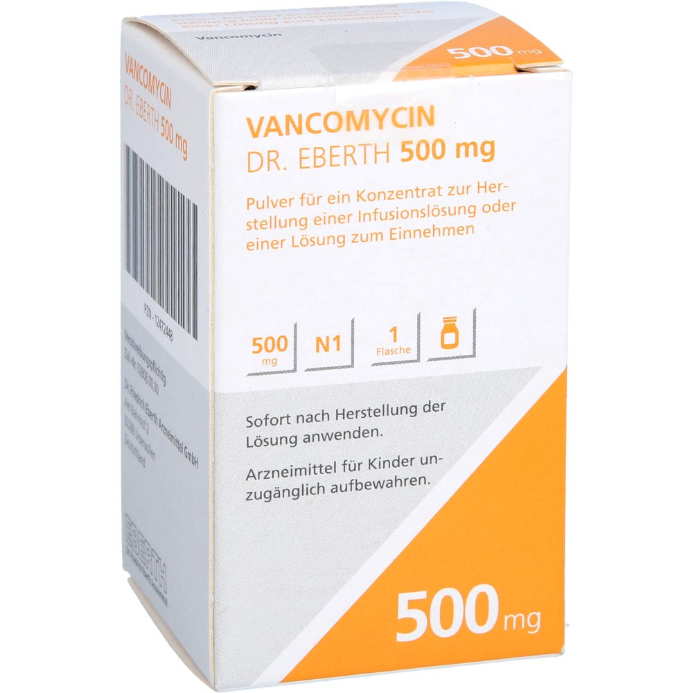Das Produktfoto zeigt Vancomycin Dr.Eberth 500mg P.Z.H.E.Inf./L.Z.Einn. (1 stk) PZN 12472448
