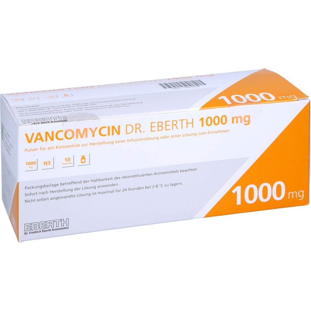 Das Produktfoto zeigt Vancomycin Dr.Eberth 1000mg P.Z.H.E.Inf./L.Z.Einn. (10 stk) PZN 12472508