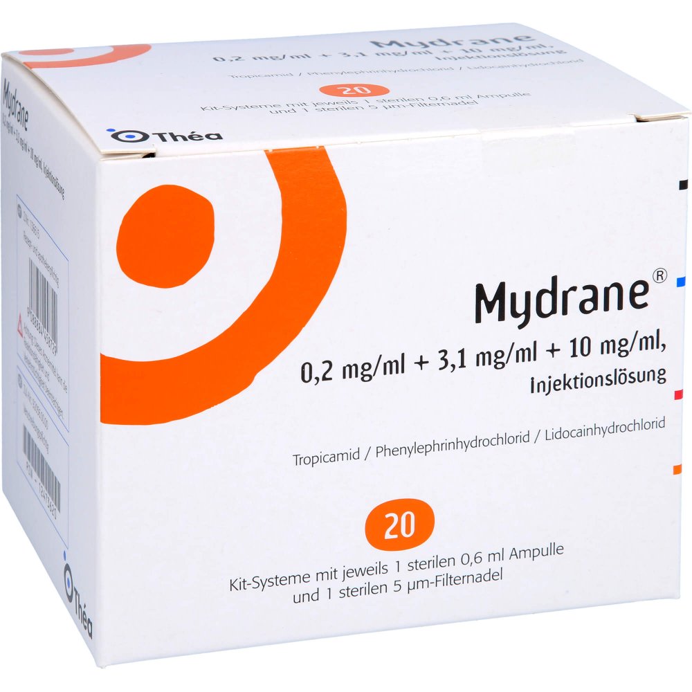Das Produktfoto zeigt Mydrane 0,2 Mg/Ml + 3,1 Mg/Ml + 10 Mg/Ml Inj.-Lsg. (20 stk) PZN 12473620