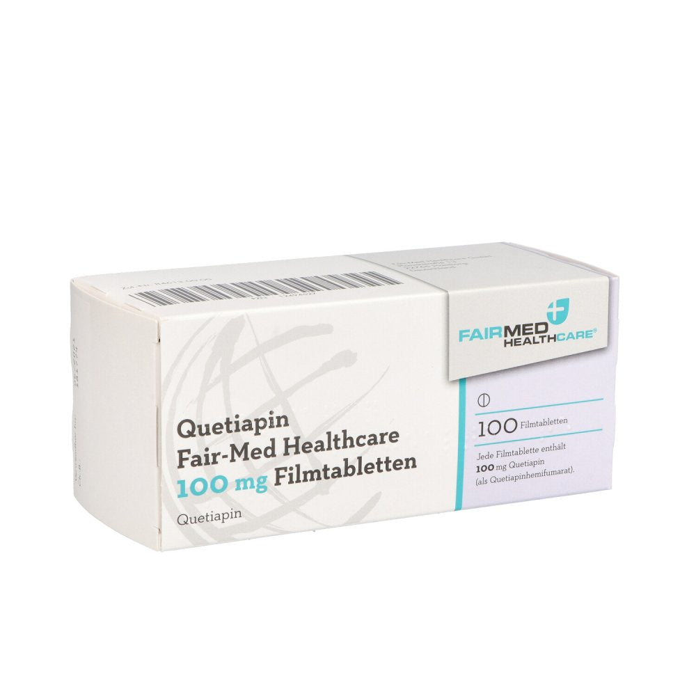 Das Produktfoto zeigt Quetiapin Fair-Med Healthcare 100 Mg Filmtabletten (100 stk) PZN 12494527