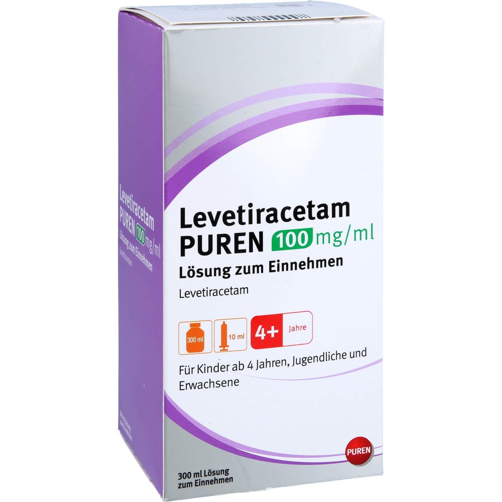 Das Produktfoto zeigt Levetiracetam Puren 100 Mg/Ml L.Z.Einn.10ml Dos.Sp (300 ml) PZN 12501983