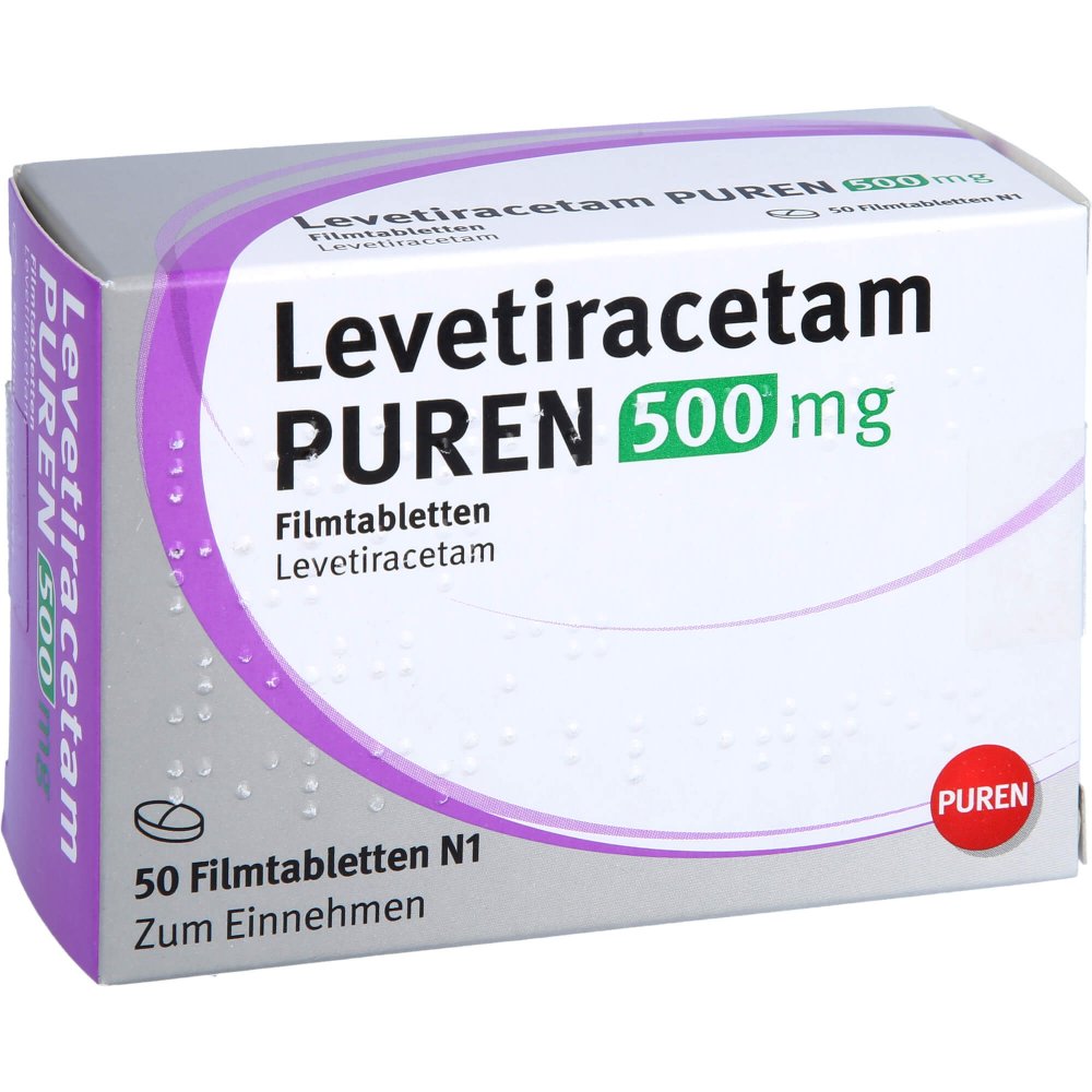Das Produktfoto zeigt Levetiracetam Puren 500 Mg Filmtabletten (50 stk) PZN 12532067