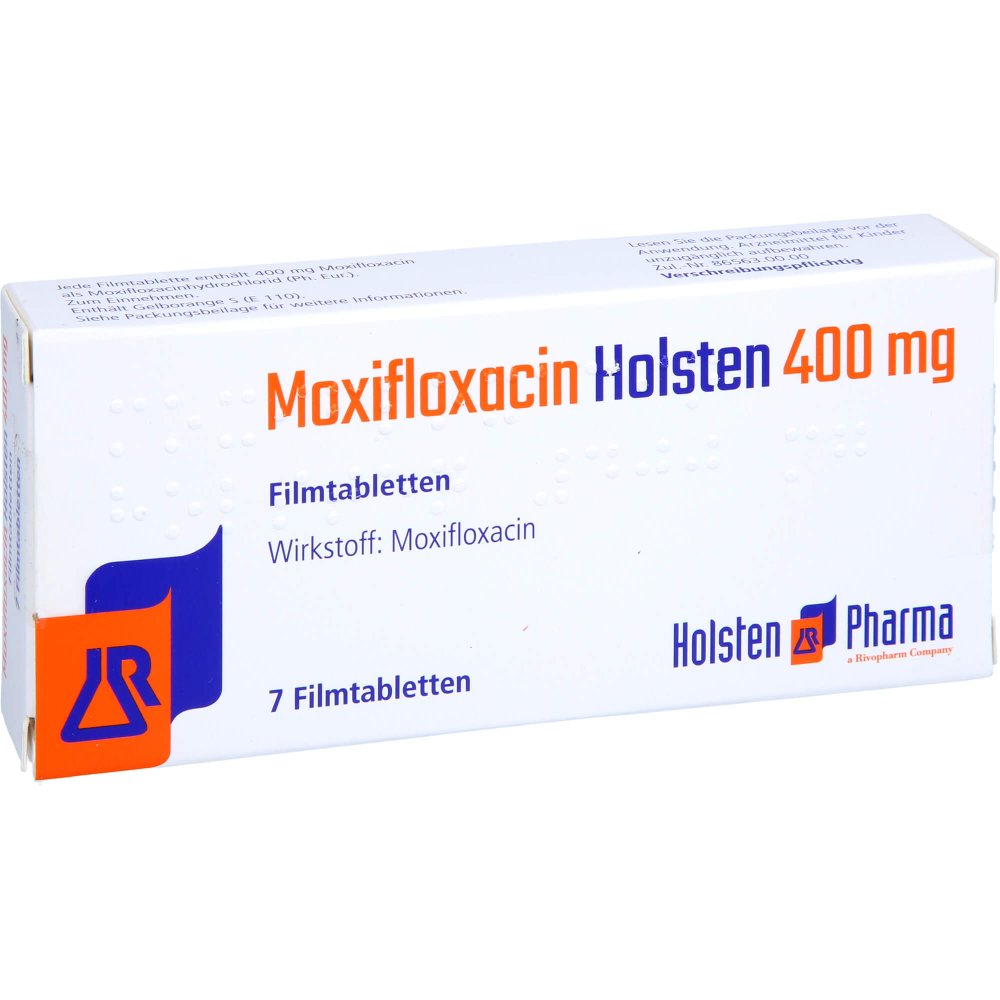 Das Produktfoto zeigt Moxifloxacin Holsten 400 Mg Filmtabletten (7 stk) PZN 12537975