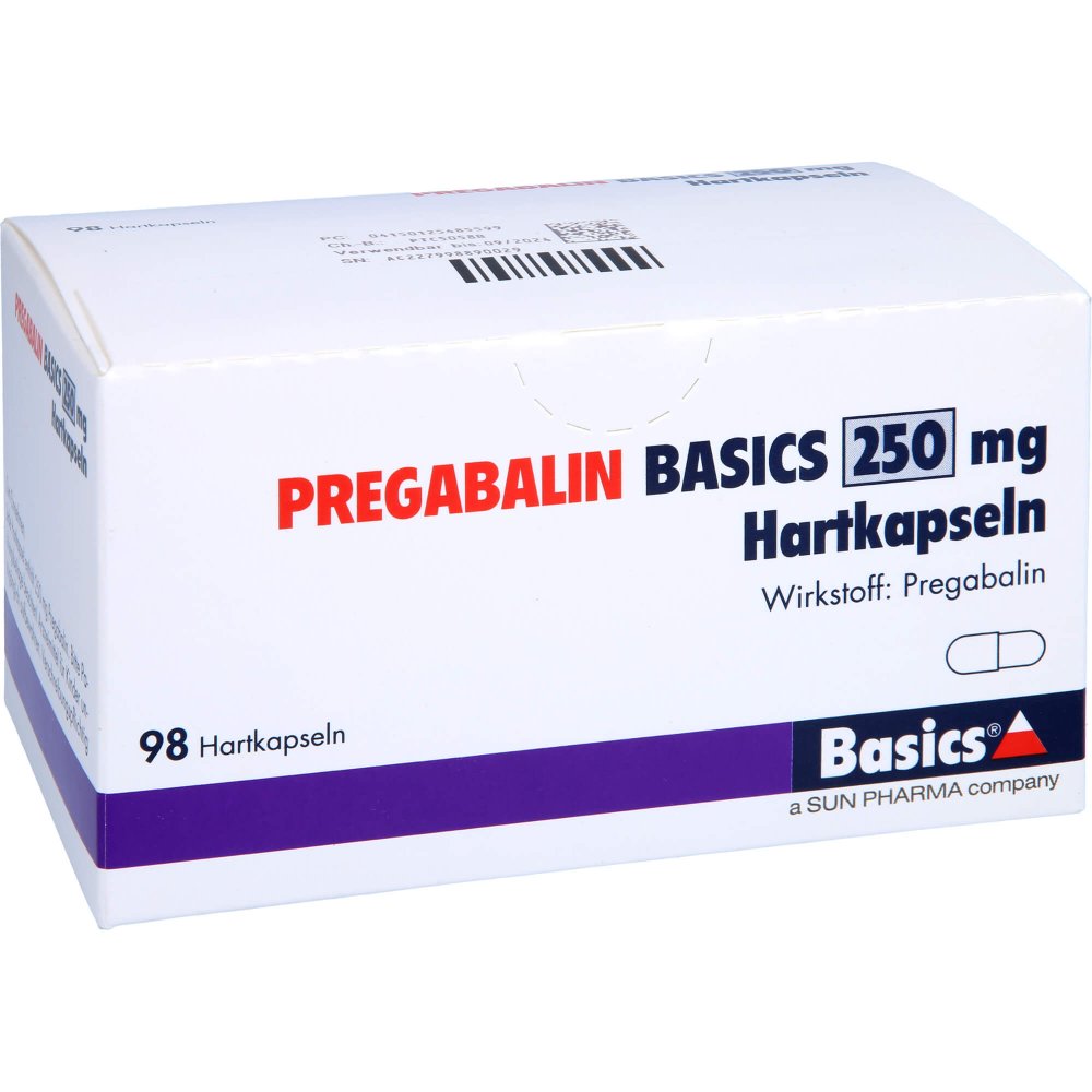 Das Produktfoto zeigt Pregabalin Basics 250 Mg Hartkapseln (98 stk) PZN 12548559
