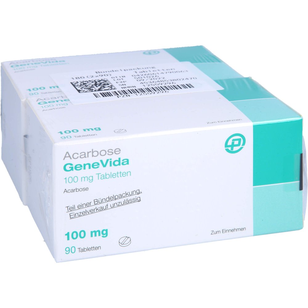 Das Produktfoto zeigt Acarbose Genevida 100 Mg Tabletten (180 stk) PZN 12559296