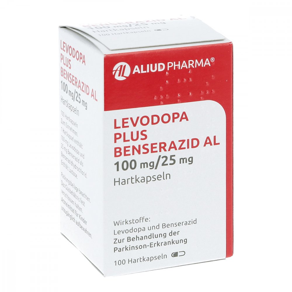Das Produktfoto zeigt Levodopa Plus Benserazid Al 100 Mg/25 Mg Hartkaps. (100 stk) PZN 12565776
