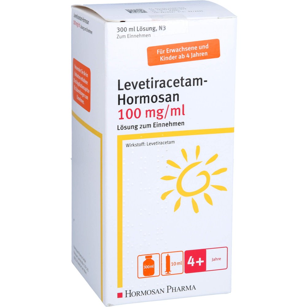 Das Produktfoto zeigt Levetiracetam Hormosan 100 Mg/Ml 10ml Dosierspr. (300 ml) PZN 12569194