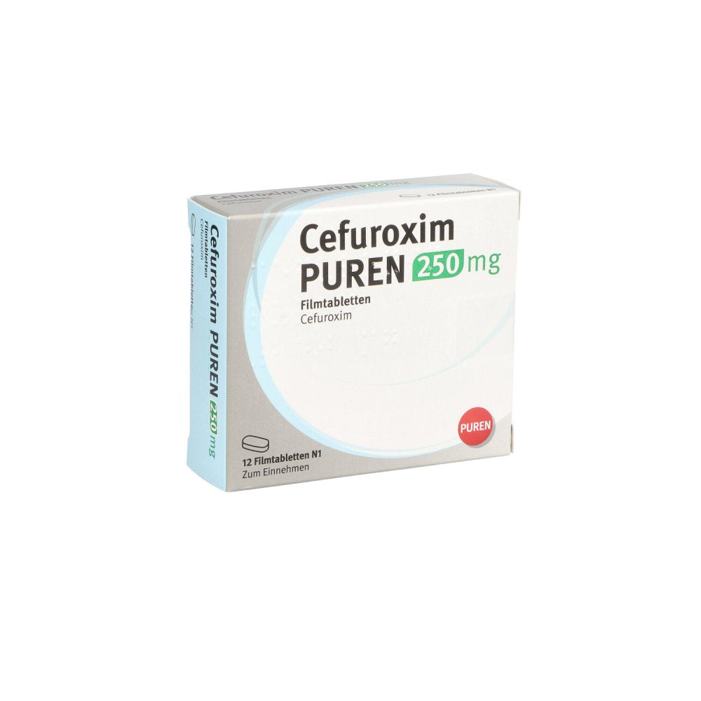 Das Produktfoto zeigt Cefuroxim Puren 250 Mg Filmtabletten (12 stk) PZN 12584785
