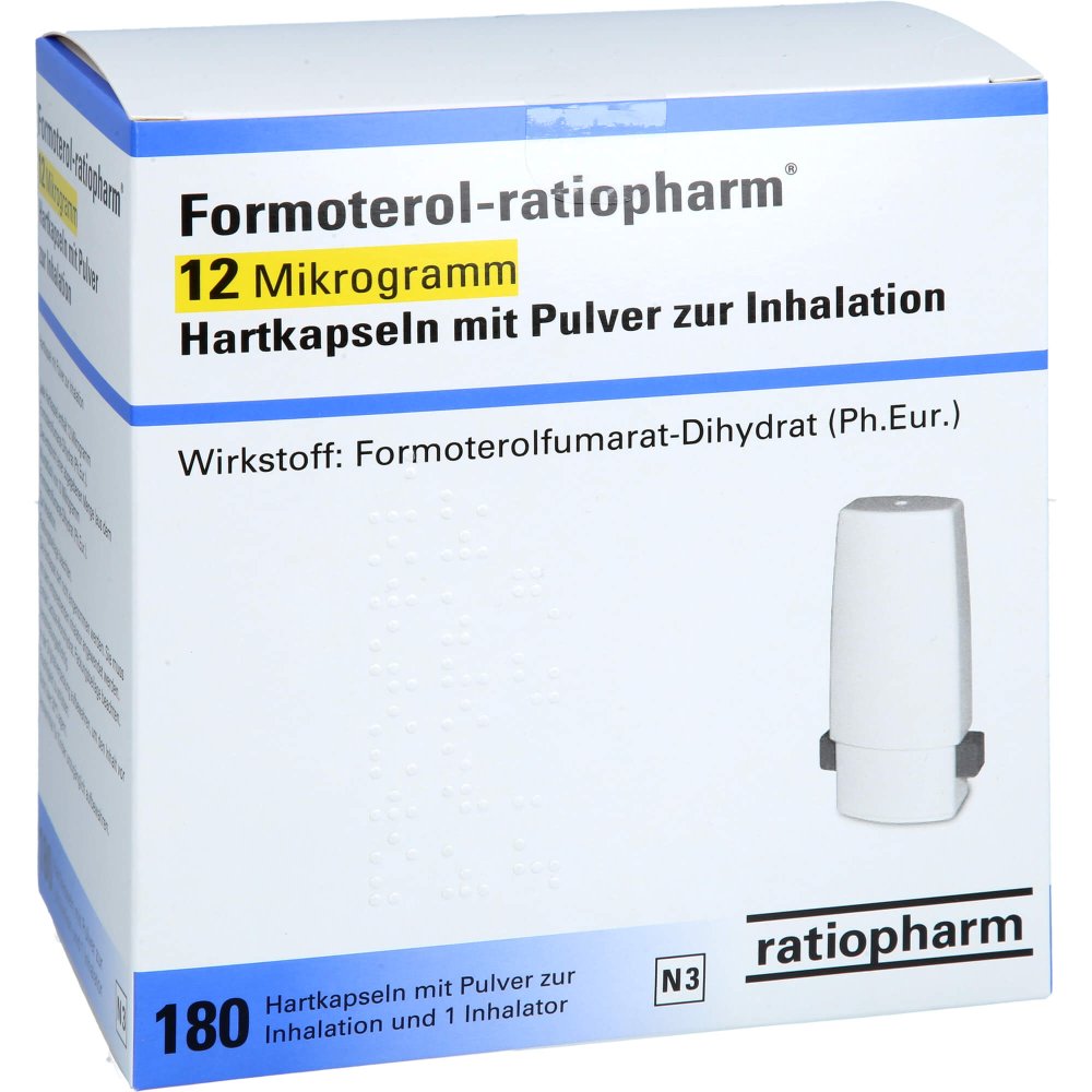 Das Produktfoto zeigt Formoterol-Ratiopharm 12 Μg Hartkps.M.Plv.Z.Inhal. (180 stk) PZN 12587938