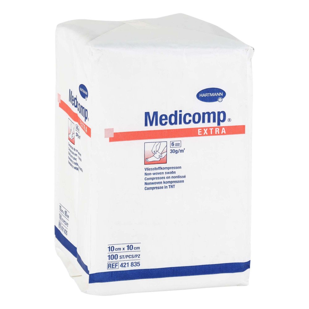 Das Produktfoto zeigt Medicomp Extra Vlieskomp.Unsteril 10x10 Cm (100 stk) PZN 12593821