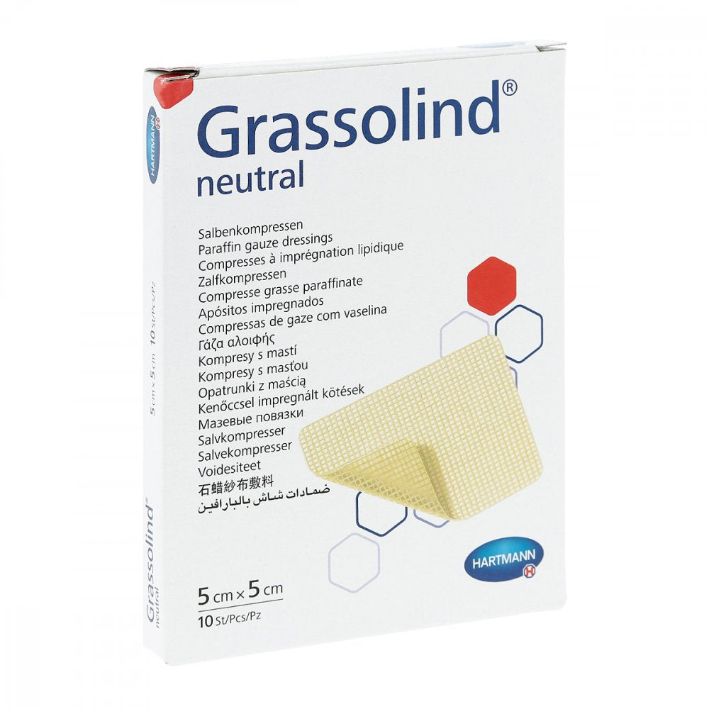 Das Produktfoto zeigt Grassolind Salbenkompressen 5x5 Cm Steril (10 stk) PZN 12594134