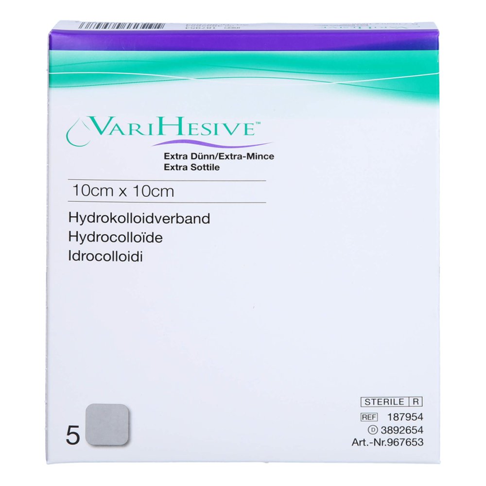 Das Produktfoto zeigt Varihesive Extra Dünn 10x10 Cm Hkv Hydroaktiv (5 stk) PZN 12596297
