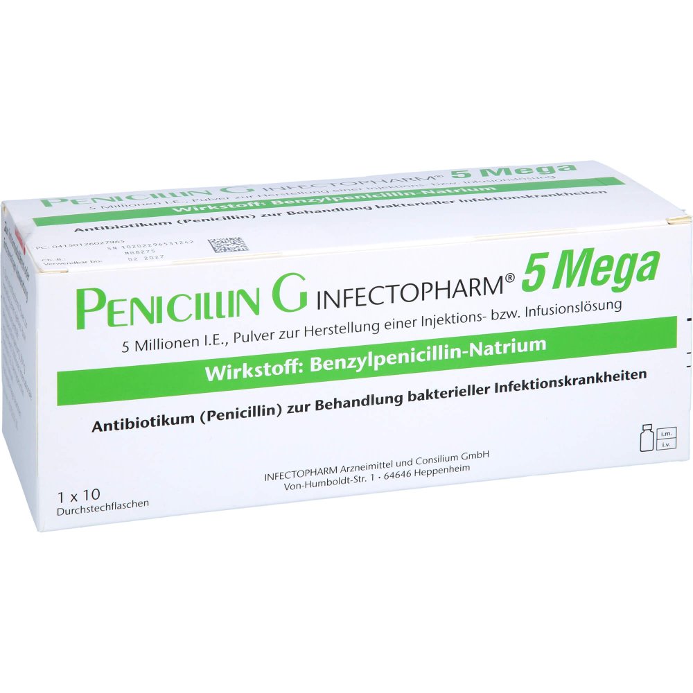 Das Produktfoto zeigt Penicillin G Infectopharm 5 Mega P.Z.H.E.Iil Dsfl. (10 stk) PZN 12602796