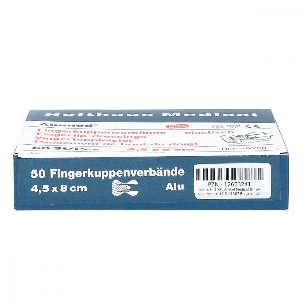 Das Produktfoto zeigt Alumed Fingerkuppenverband 4,5x8 Cm (50 stk) PZN 12603241