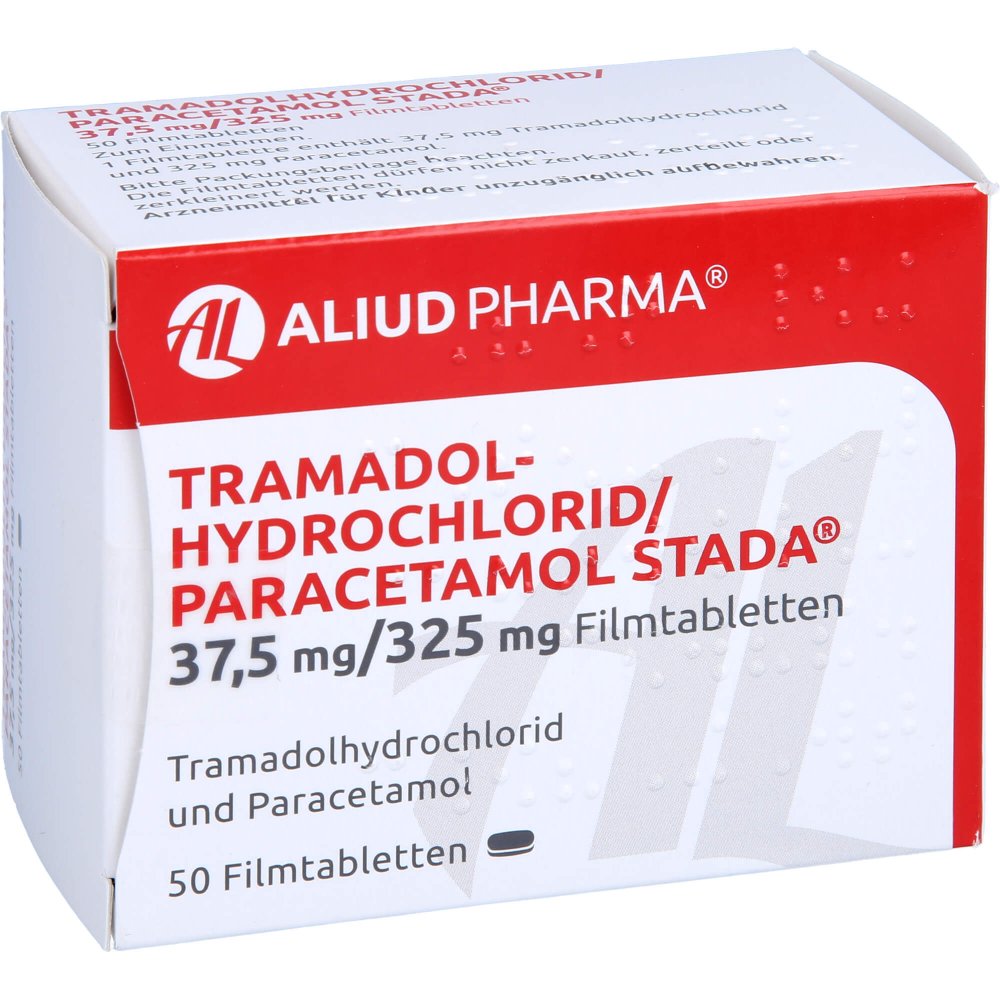 Das Produktfoto zeigt Tramadolhydr./Paracetamol Stada 37,5mg/325mg Aliud (50 stk) PZN 12650772