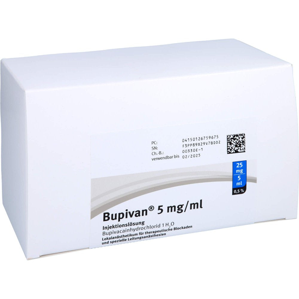 Das Produktfoto zeigt Bupivan 0,5% 5 Mg/Ml Inj.L.25mg/5ml Glasamp. (50X5 ml) PZN 12675967