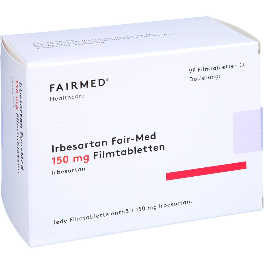 Das Produktfoto zeigt Irbesartan Fair-Med 150 Mg Filmtabletten (98 stk) PZN 12700300